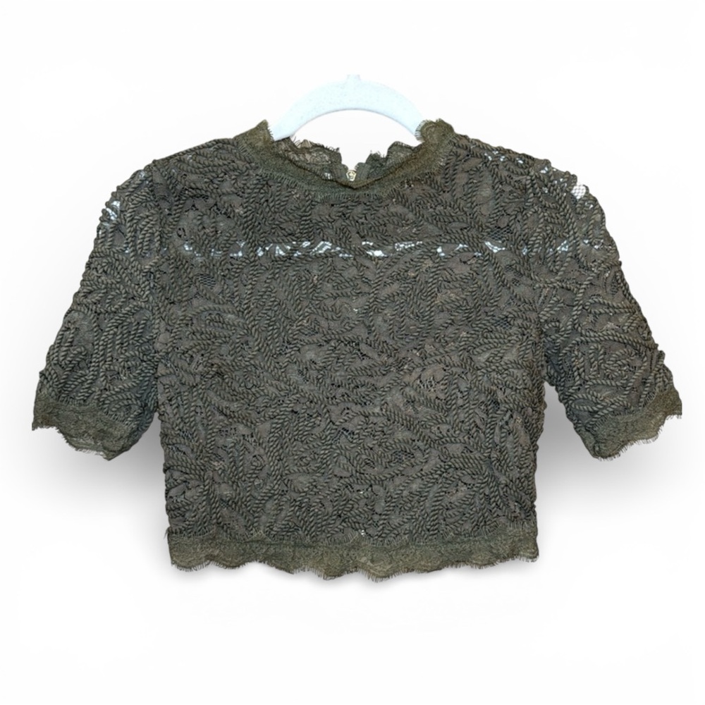 Olive Lace & Crochet Crop Top with Back Zip – XS (Estimated)‎